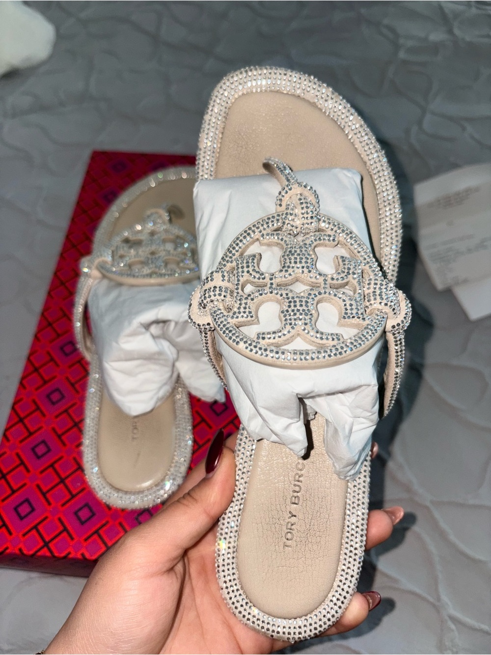 Tory Burch Crystal-Embellished Nude/Tan Miller Sandals